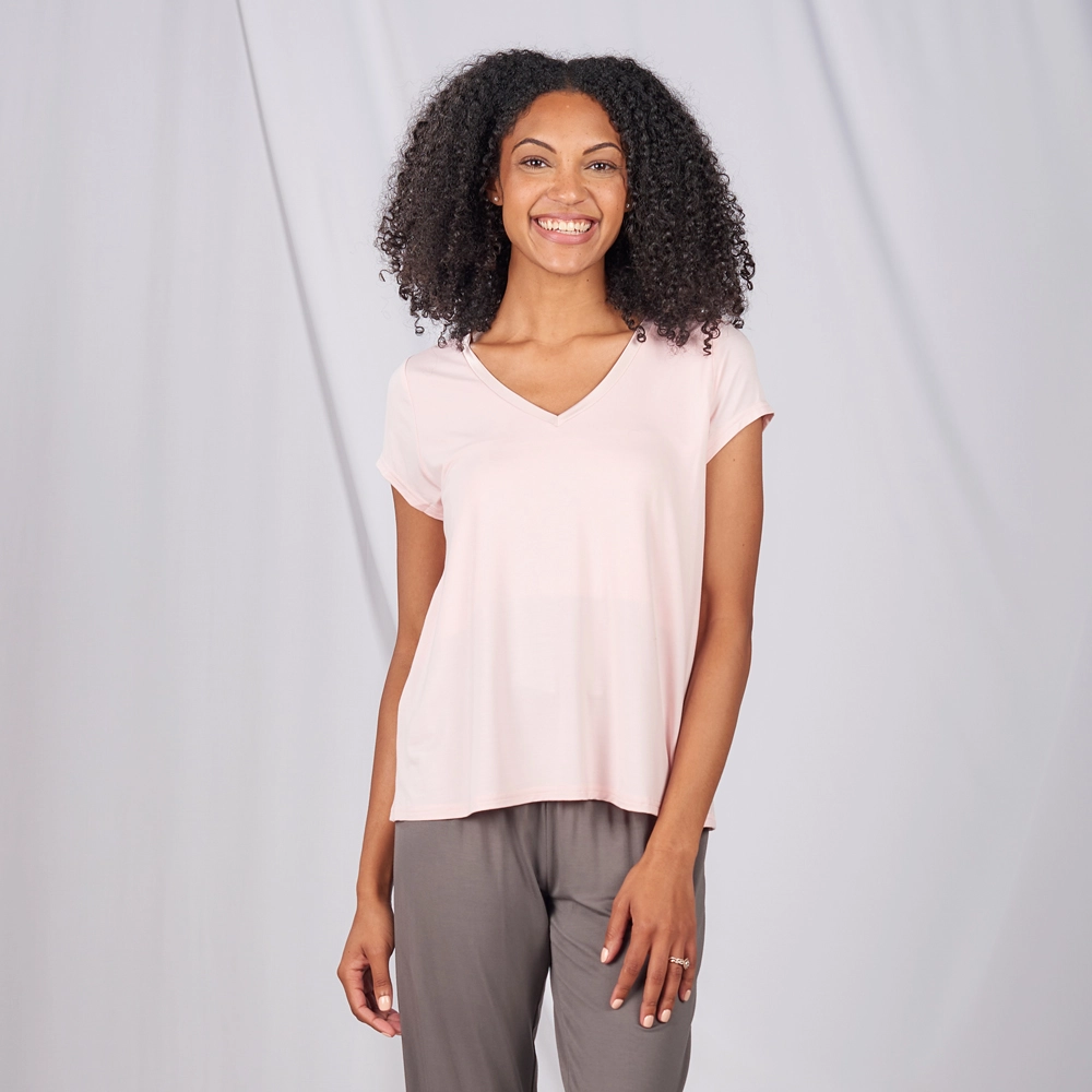 pink bamboo V-neck tee front